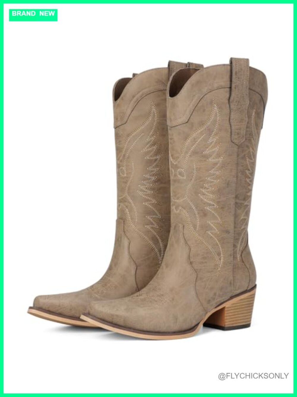 Western Cowboy Boots Women Faux Leather Snip Toe Mid Calf Chunky Heel